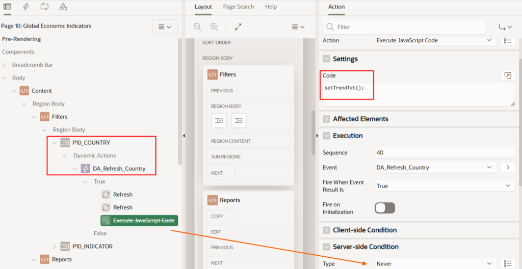 Oracle APEX Dynamic Action configuration with JavaScript action disabled to reproduce chart title refresh mismatch