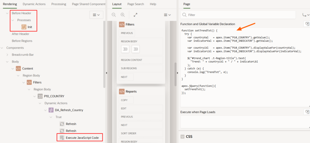 Oracle APEX page setup showing before header initialization, JavaScript declaration, and dynamic action title synchronization